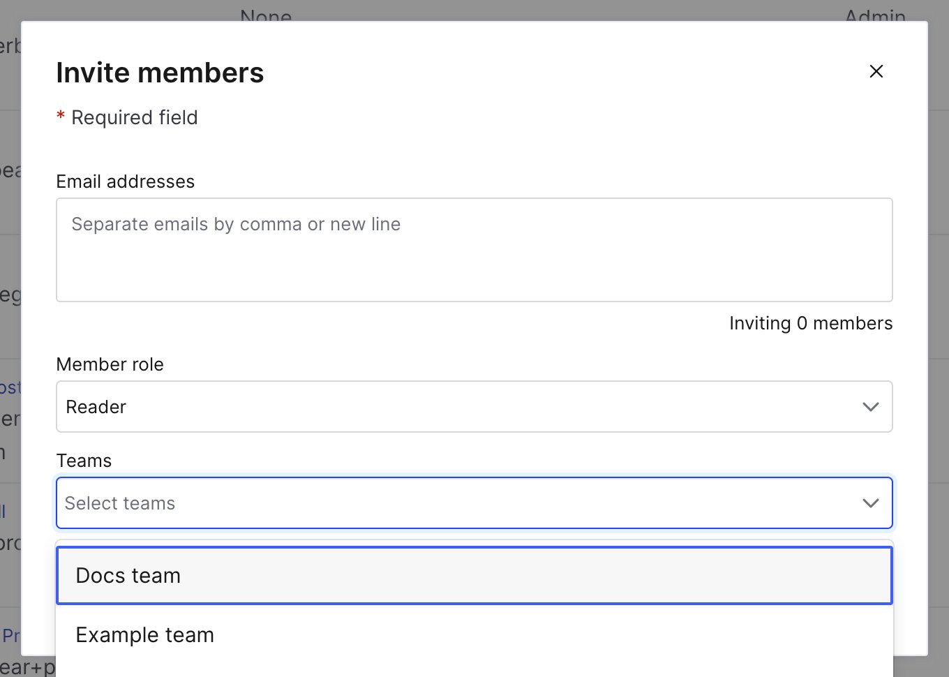 The "Invite members" dialog with the "Teams" menu open.