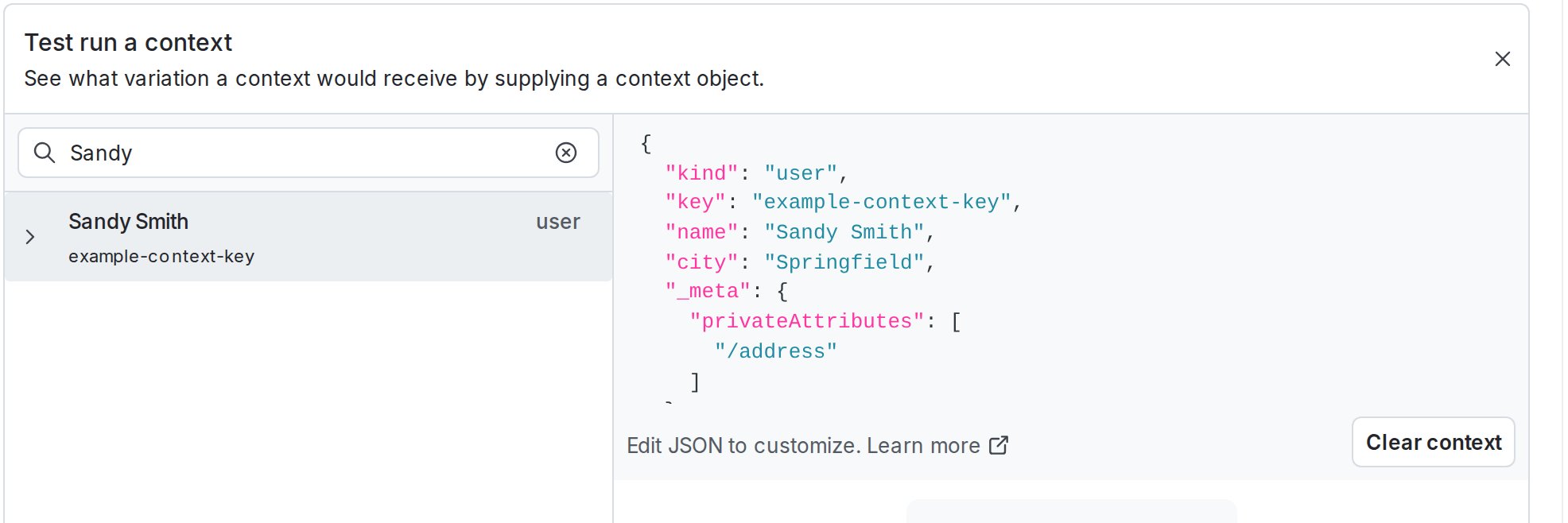 The "Test run a context" section, populated with an example context.
