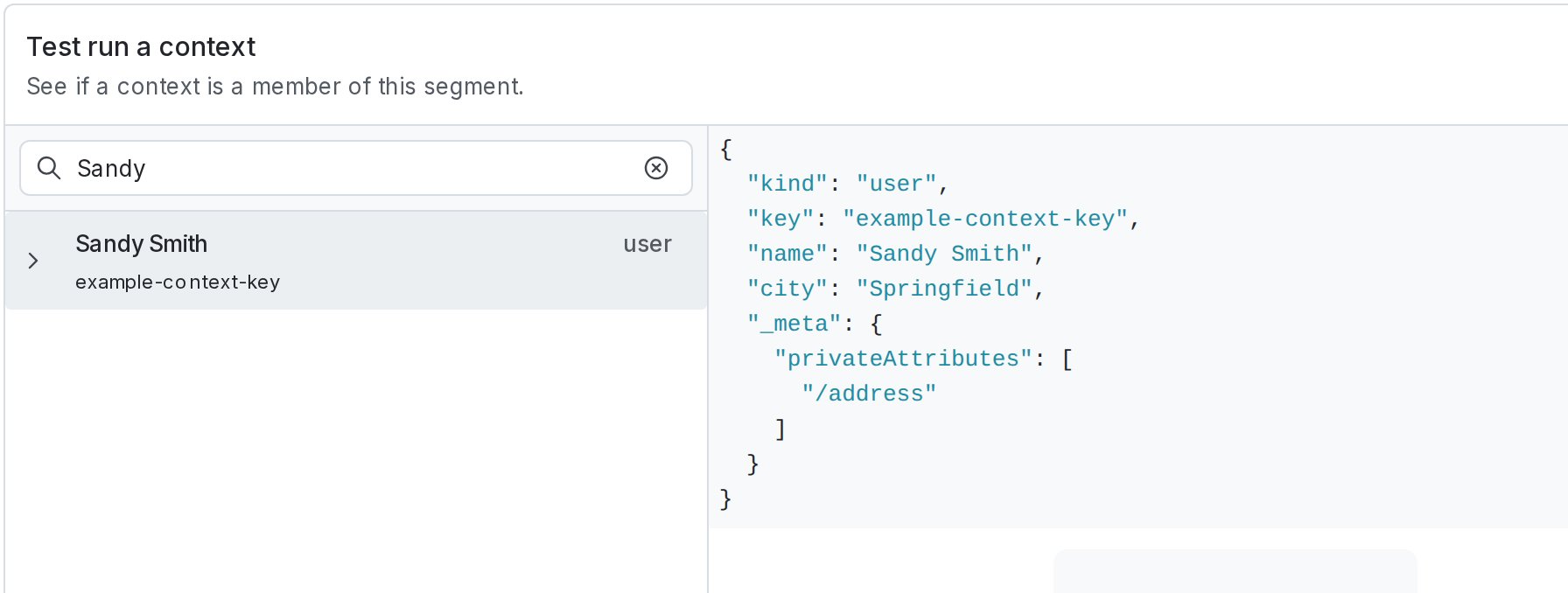 The "Test run a context" section, populated with an example context kind and key.
