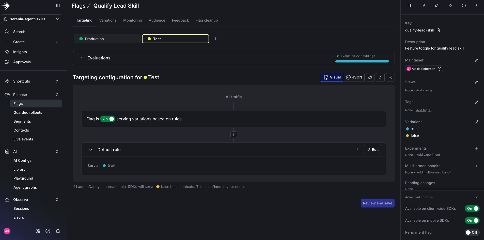 The qualify-lead-skill feature flag in the LaunchDarkly UI.