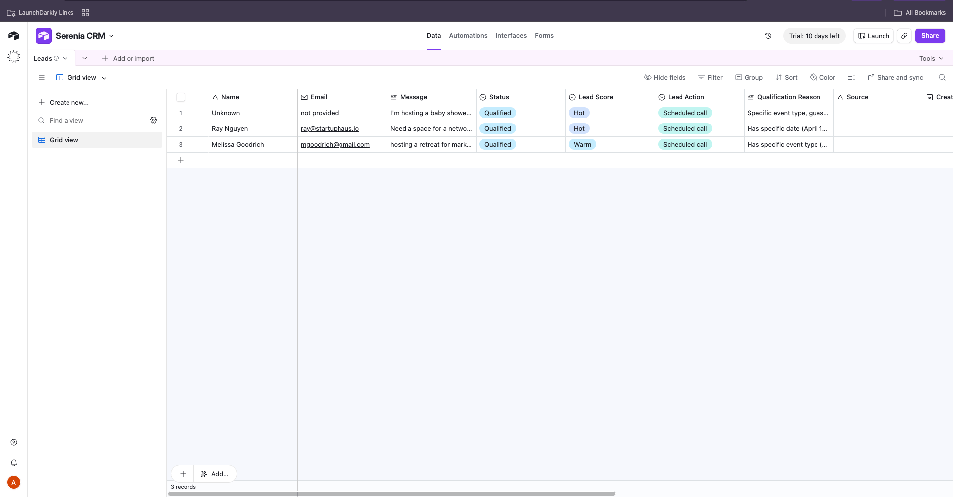 Airtable Leads table showing records created by both log_inquiry (Status: New) and qualify_lead (Status: Qualified, with Lead Score and Lead Action populated).