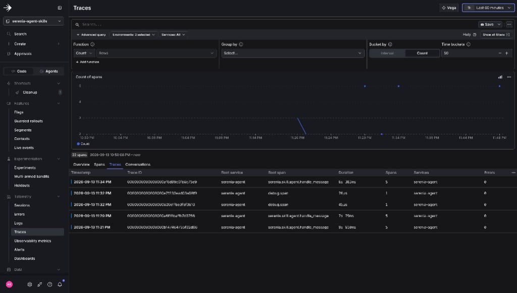Traces from Datadog appearing in the LaunchDarkly Observe Traces view.