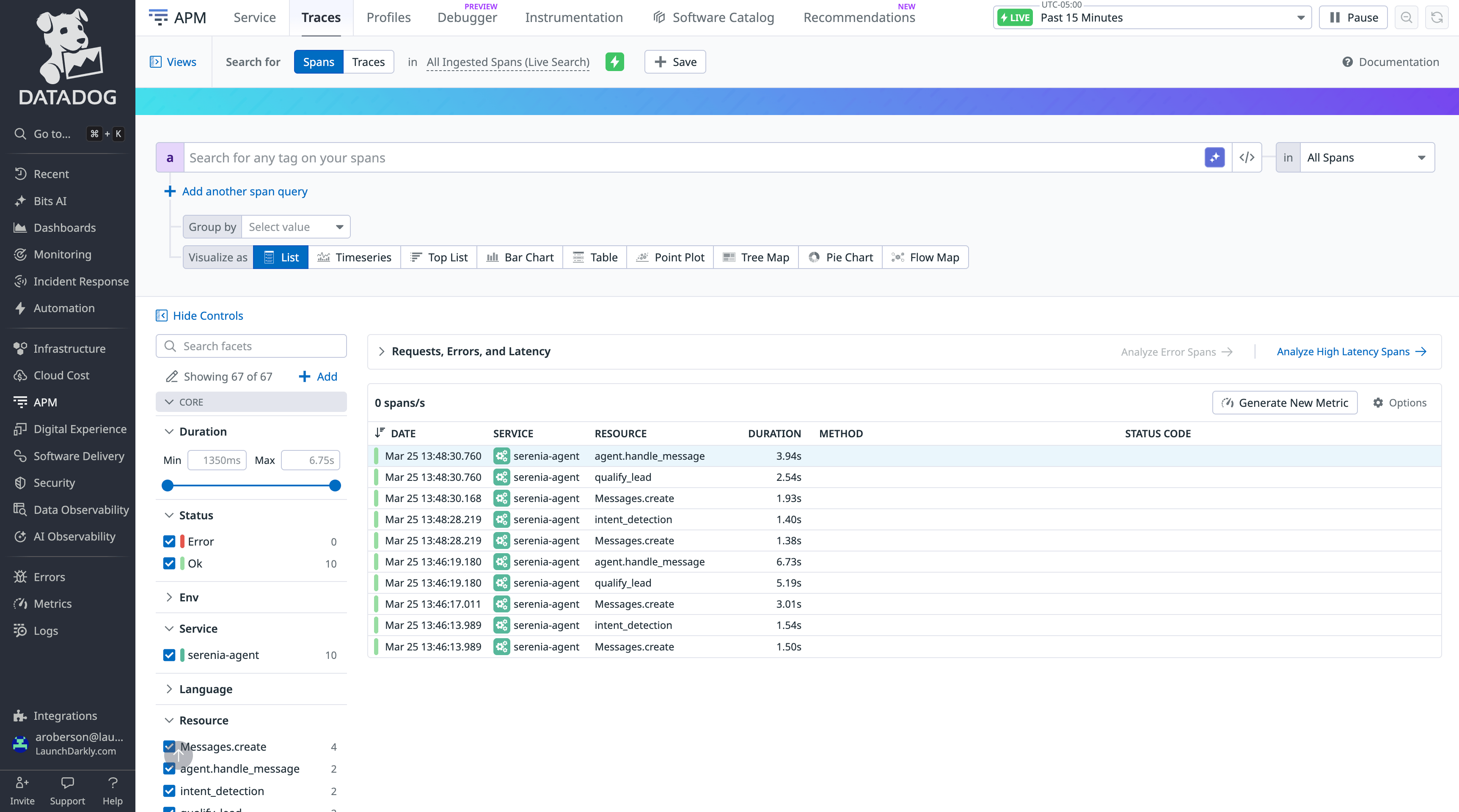 Datadog APM traces for service:serenia-agent, with Anthropic calls nested under skill spans.
