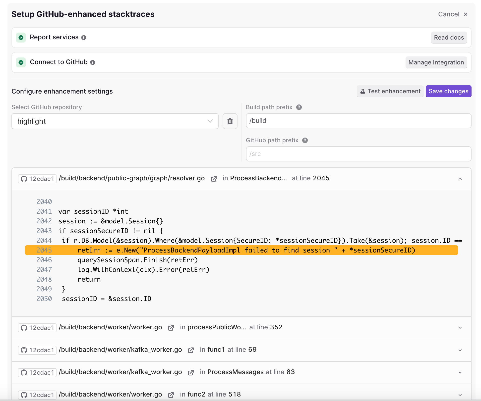 GitHub enhancement configuration form for mapping stack trace file paths to repository paths
