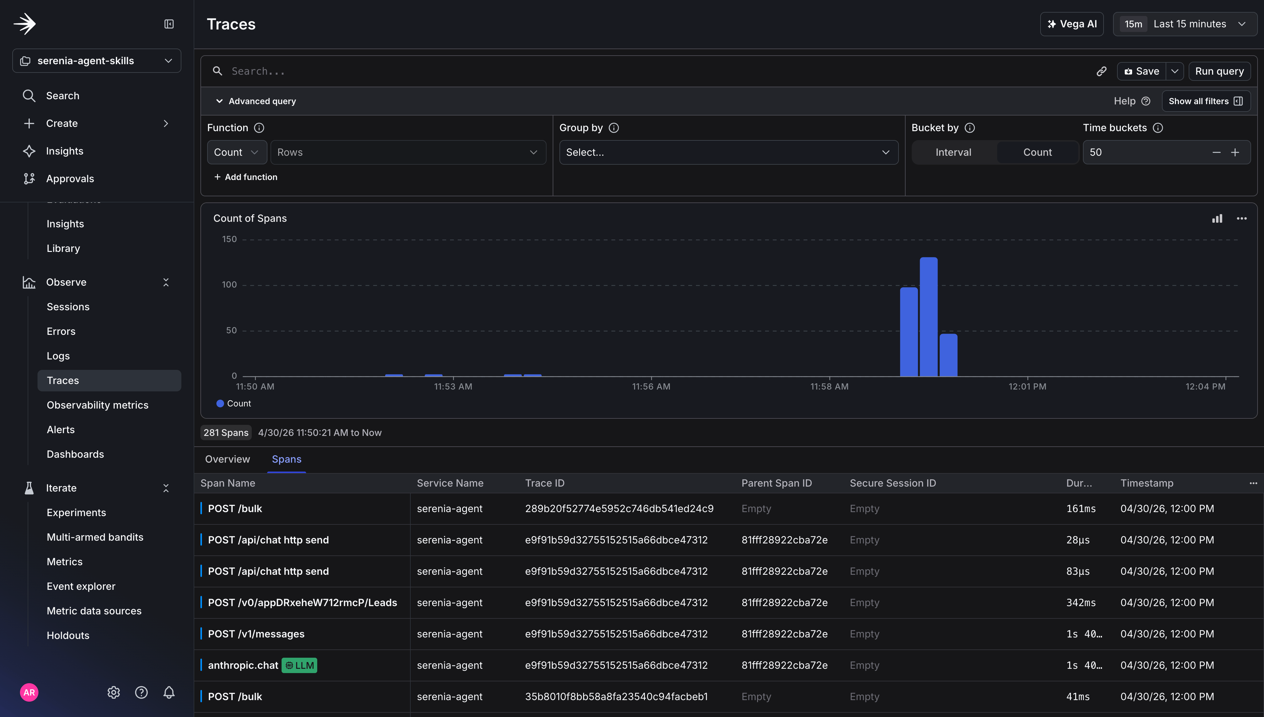 Baseline traffic visible in the LaunchDarkly Traces view.