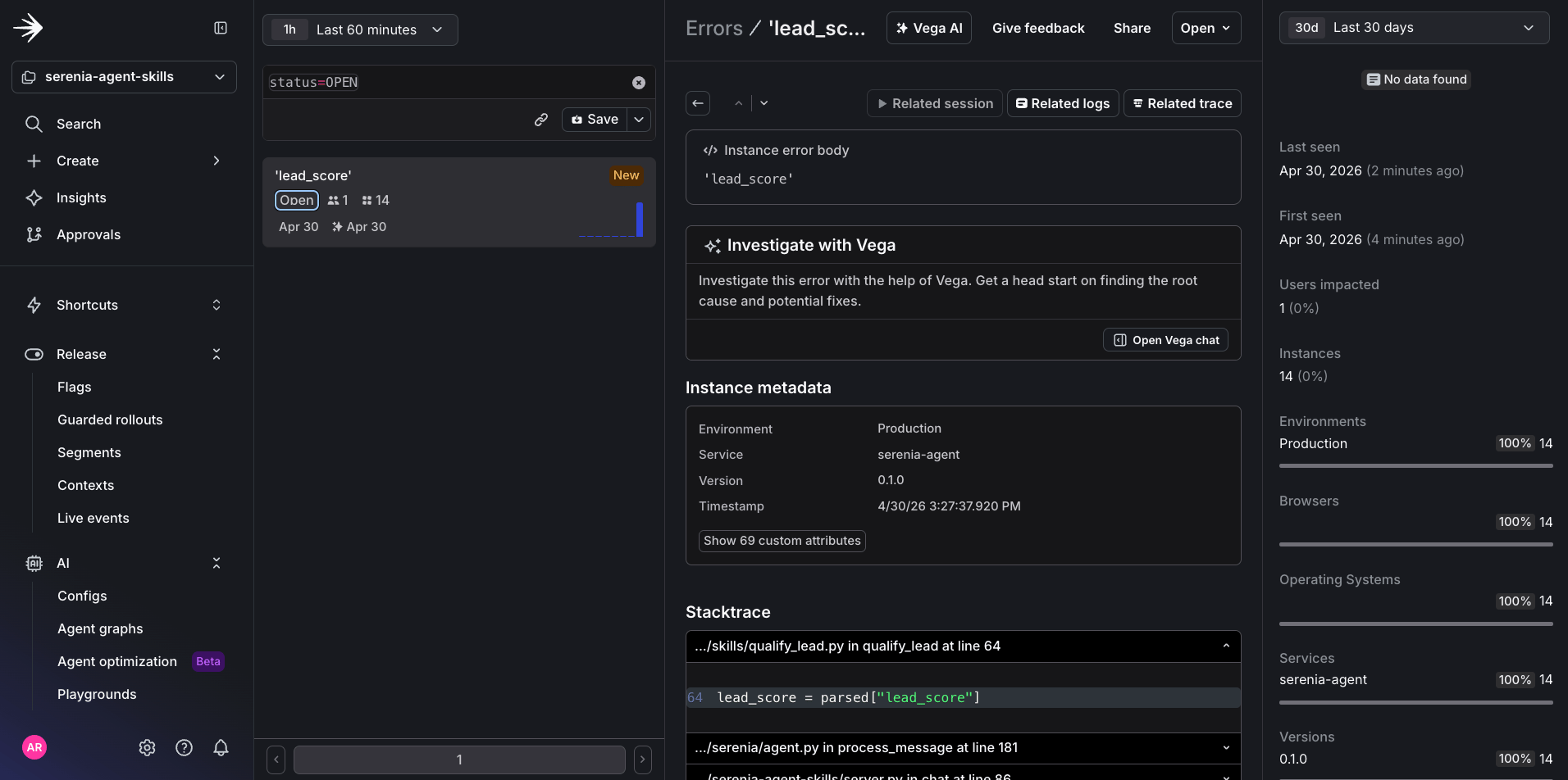 The errors view in LaunchDarkly showing the spike caused by the v2 variation.