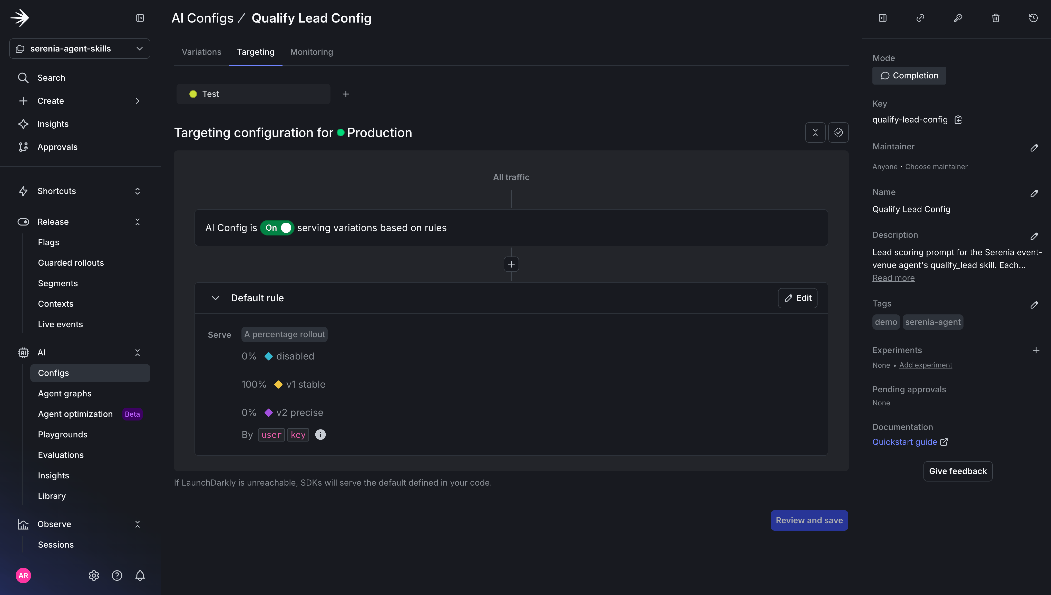 Initial percentage rollout with v1 stable at 100% and v2 precise at 0%.