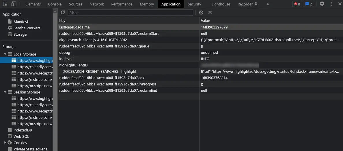 Chrome Dev Tools Application tab displaying locally stored site data.