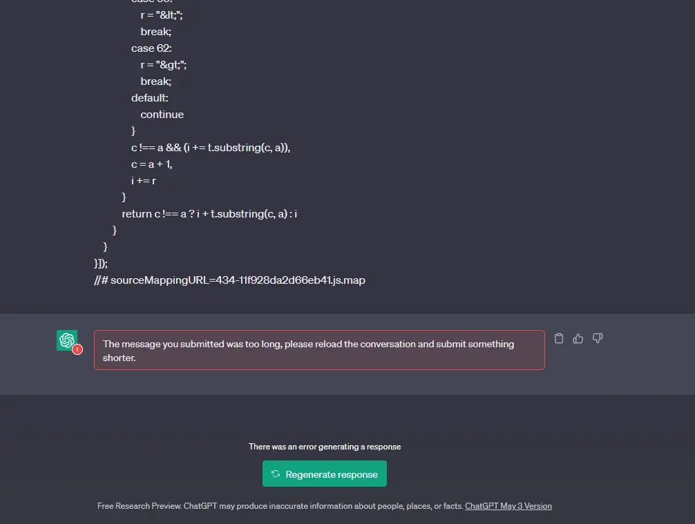 ChatGPT failing to decompile a long obfuscated code snippet.