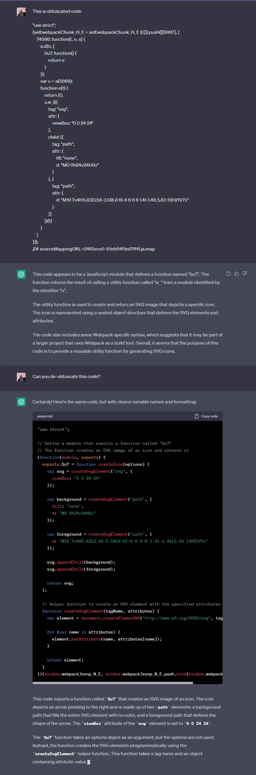 ChatGPT successfully decompiling a shorter obfuscated code snippet.