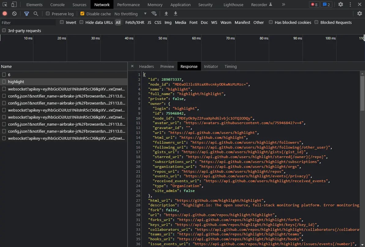 Chrome Dev Tools Network tab showing HTTP requests and responses.