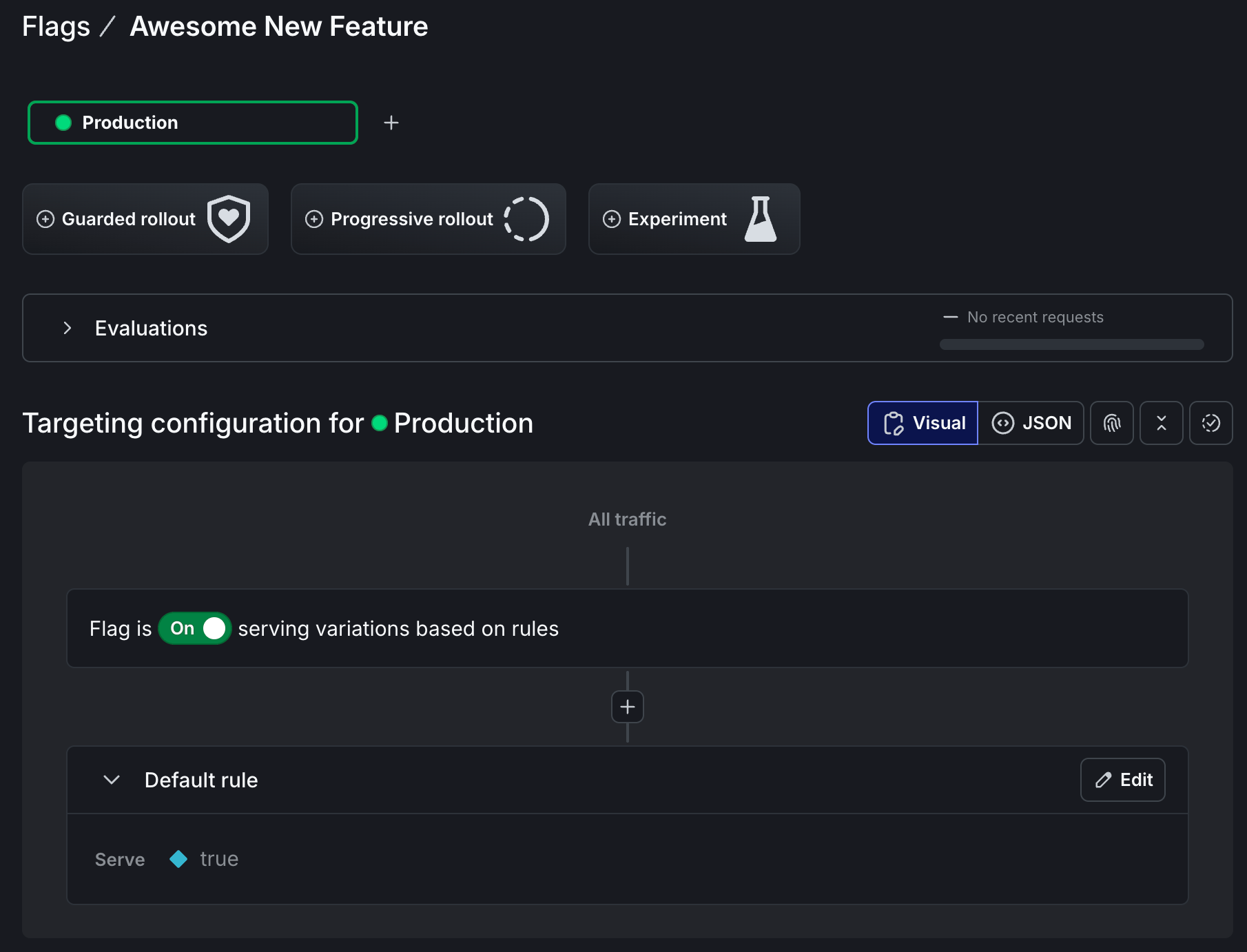 Flag configuration in the LaunchDarkly UI. The flag is On, serving true to all users in the Production environment.
