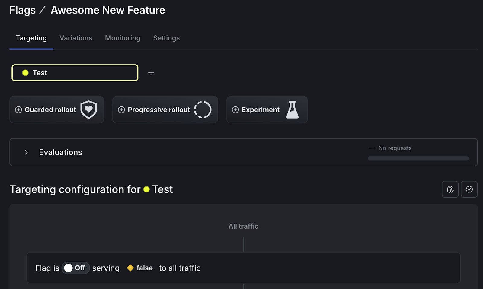 Flag configuration in the LaunchDarkly UI. The flag is Off, serving false to all users in the Test environment.