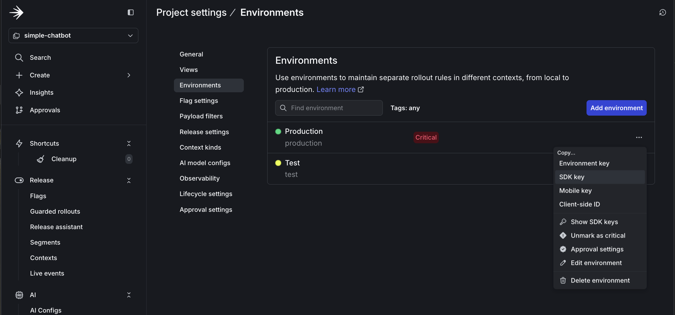 Copying the SDK key from project settings