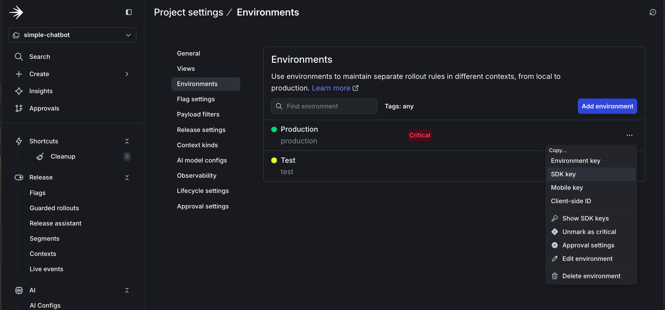 Copying the SDK key from project settings