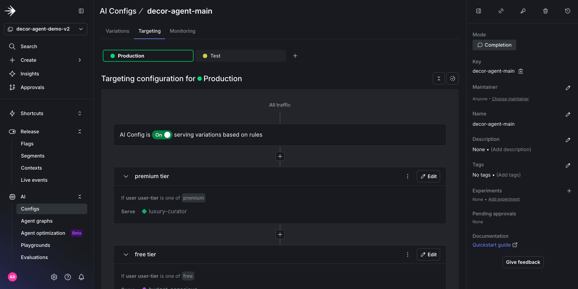 AI Config targeting for decor-agent-main variations in the LaunchDarkly UI.