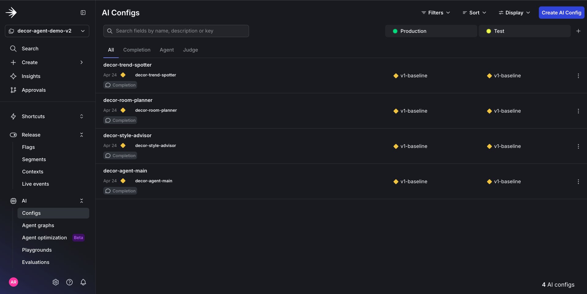 The four configs created in the LaunchDarkly UI.
