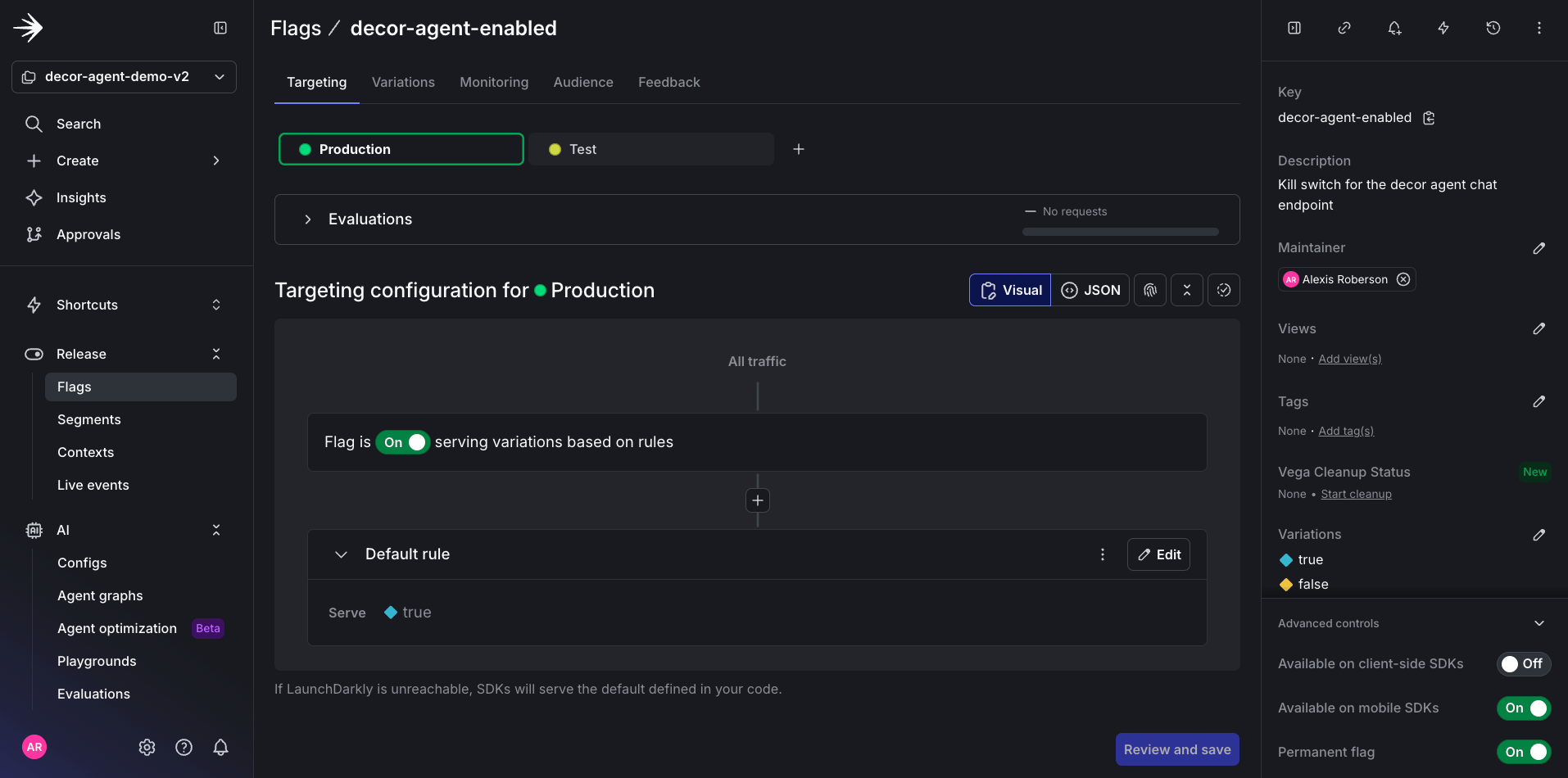 The decor-agent-enabled feature flag in the LaunchDarkly dashboard.