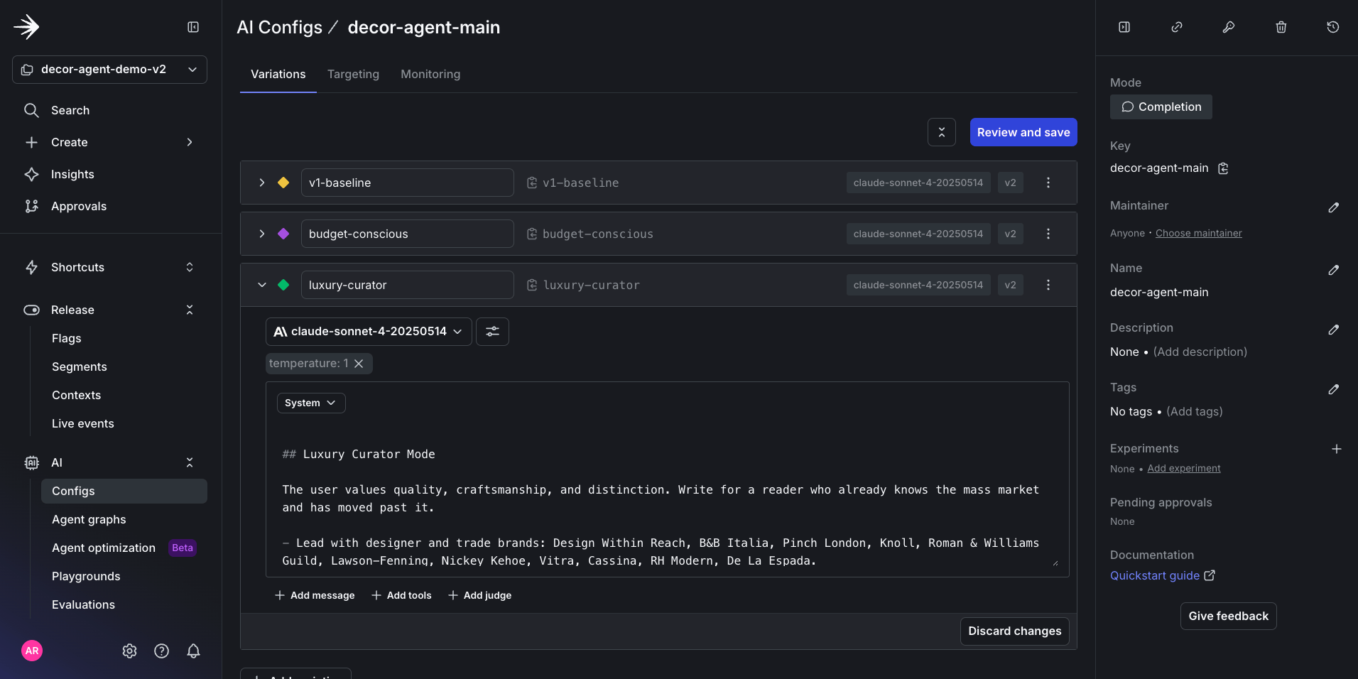 Variations visible in the LaunchDarkly UI.