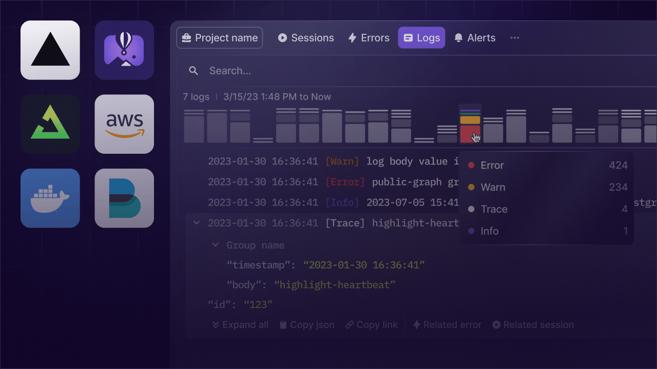 LaunchDarkly structured logs user interface showing log entries with metadata.