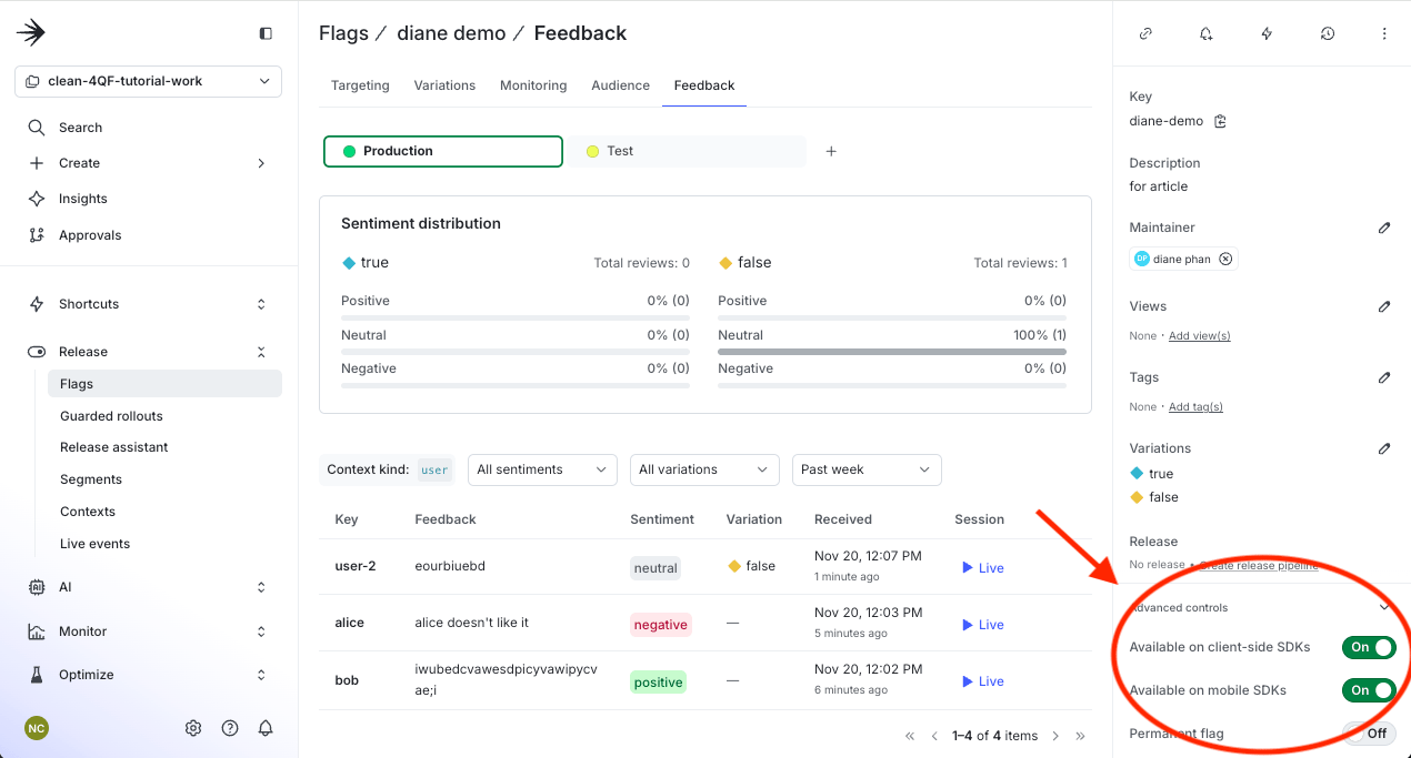 Advanced controls on the bottom right hand side to enable client-side
SDKs.