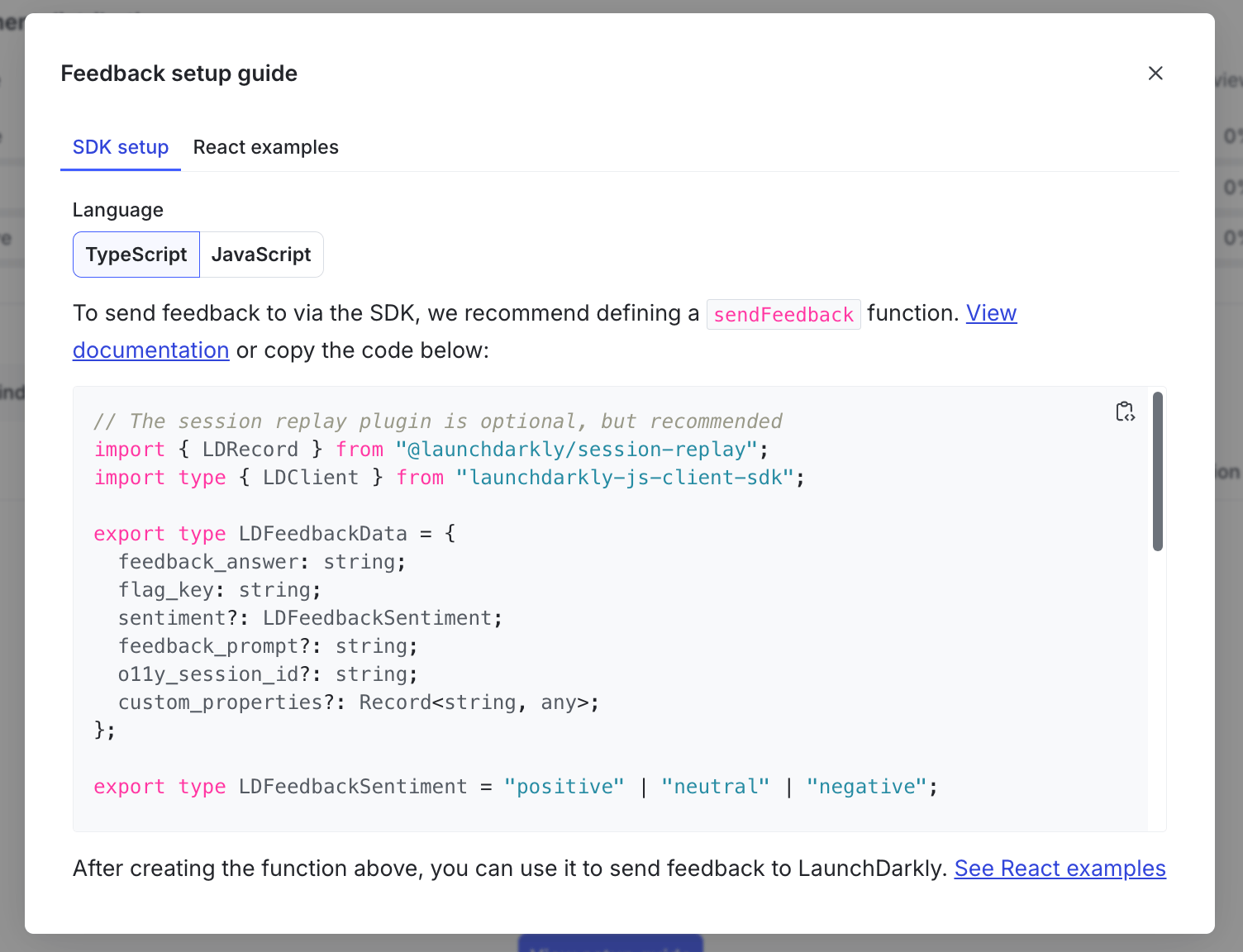 Screenshot of the feedback setup guide
SDK.
