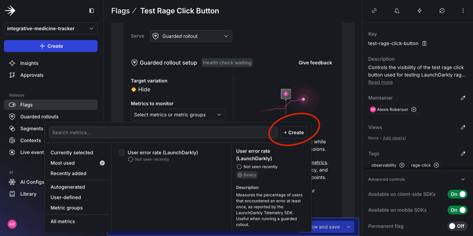 Image showing Create button to define new custom metric for Guarded rollout.