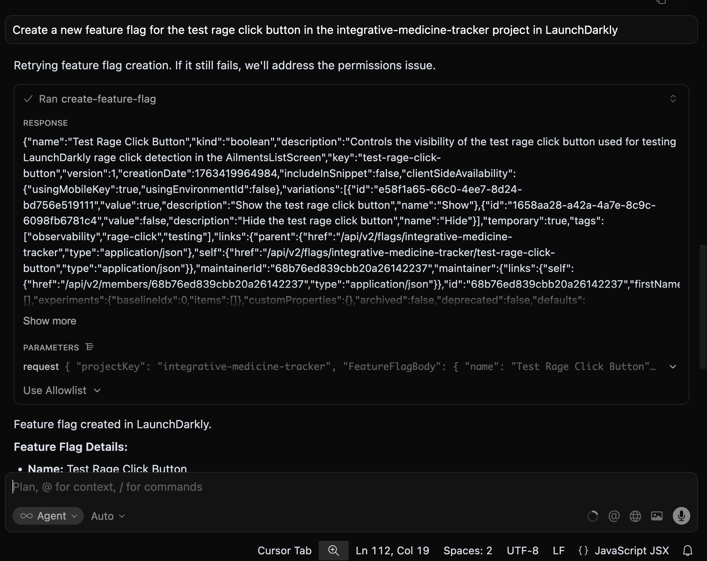Executing prompt to create feature flag using LaunchDarkly MCP Server.