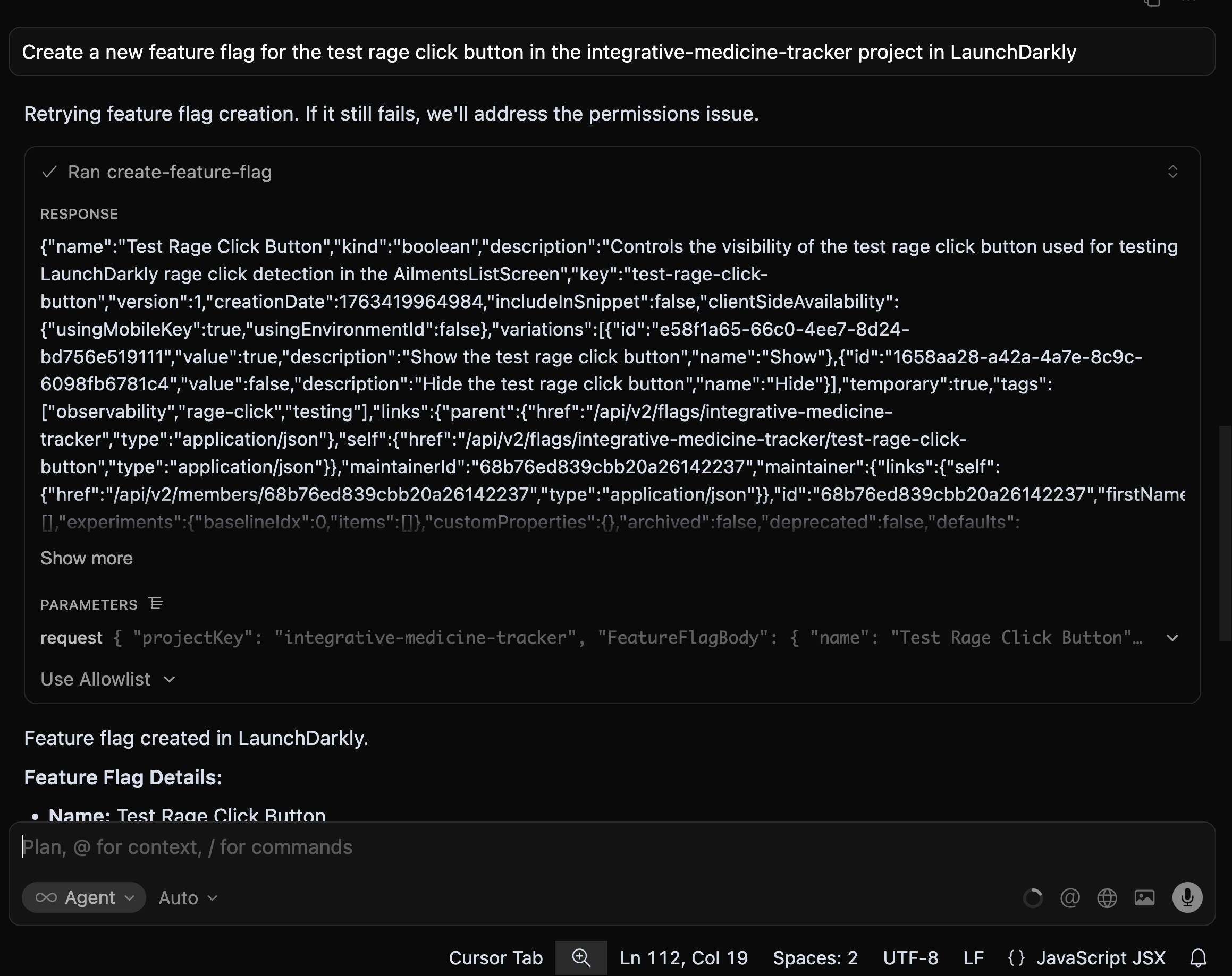 Executing prompt to create feature flag using LaunchDarkly MCP Server.
