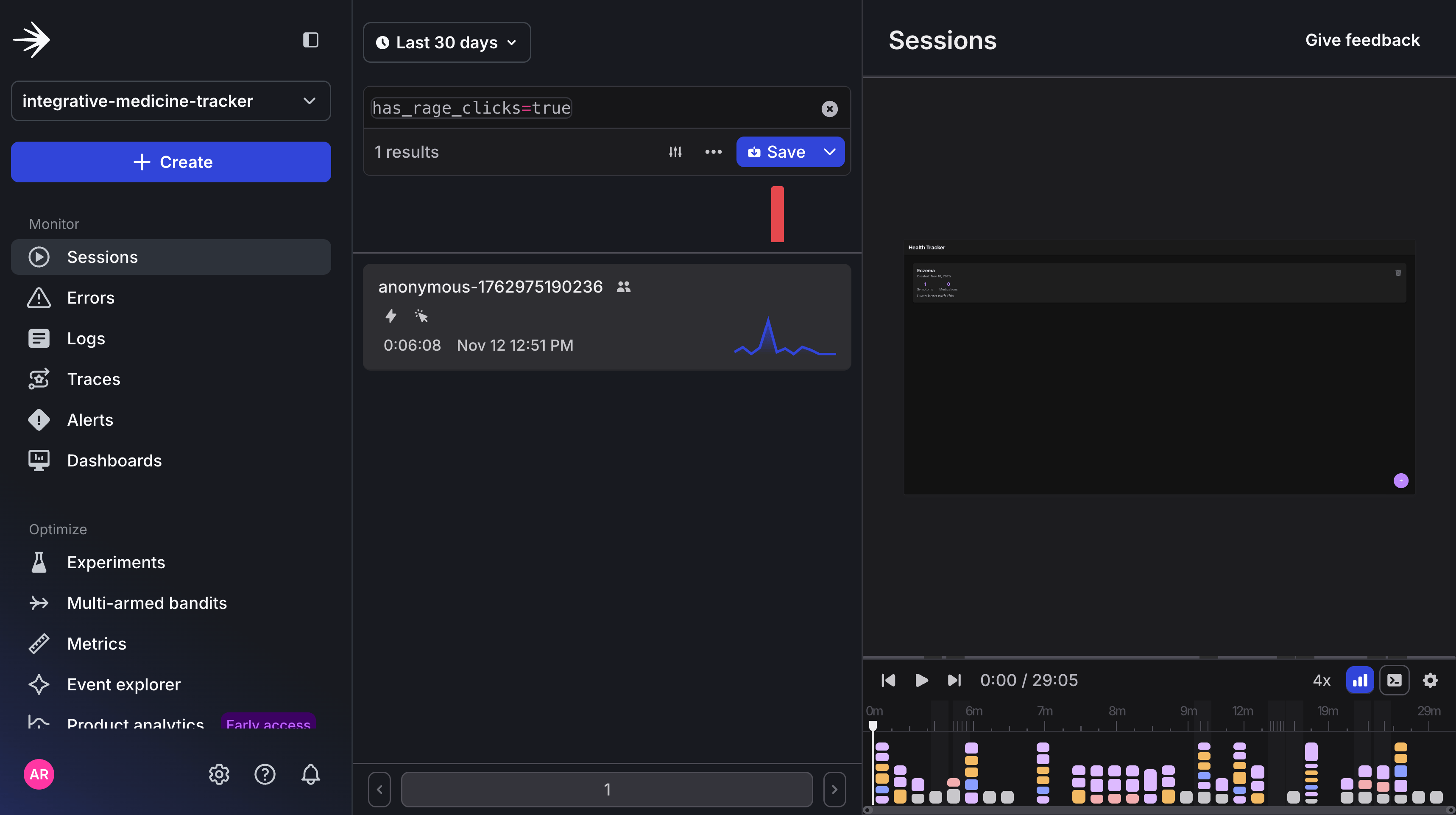 Image of searching for rage clicks sessions in session replay.