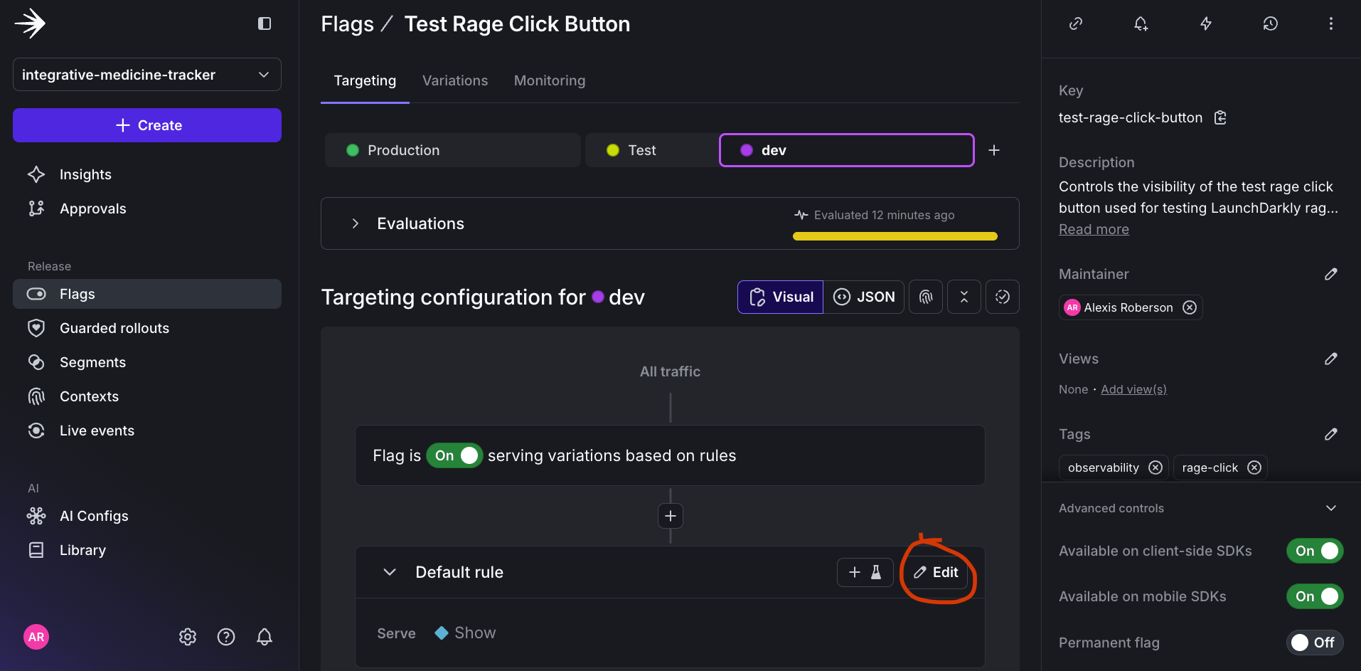 Image of Clicking Edit Target Rage Click Button feature flag targeting default rule.