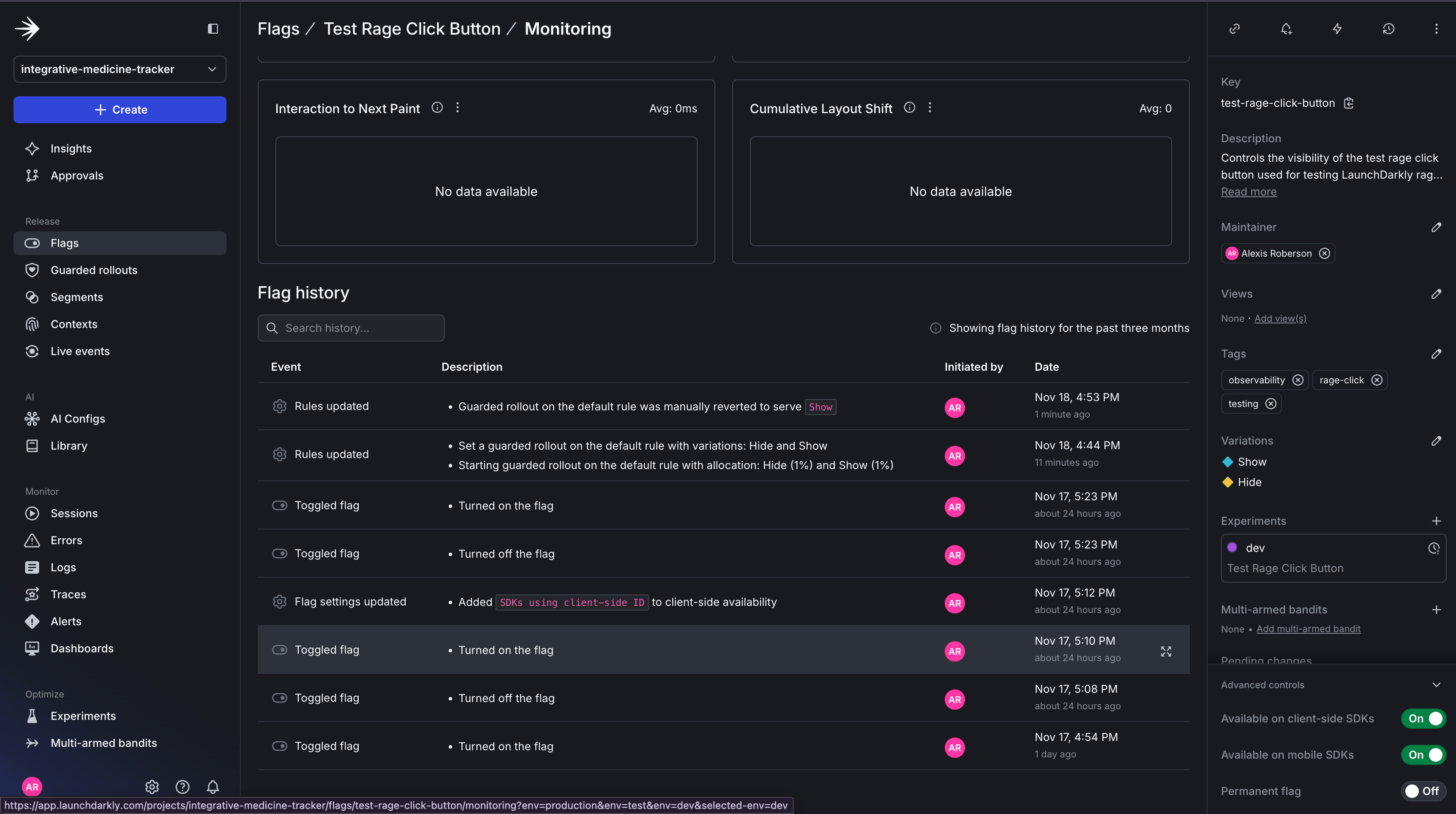 Dashboard with Guarded rollout monitoring tab with flag change history.