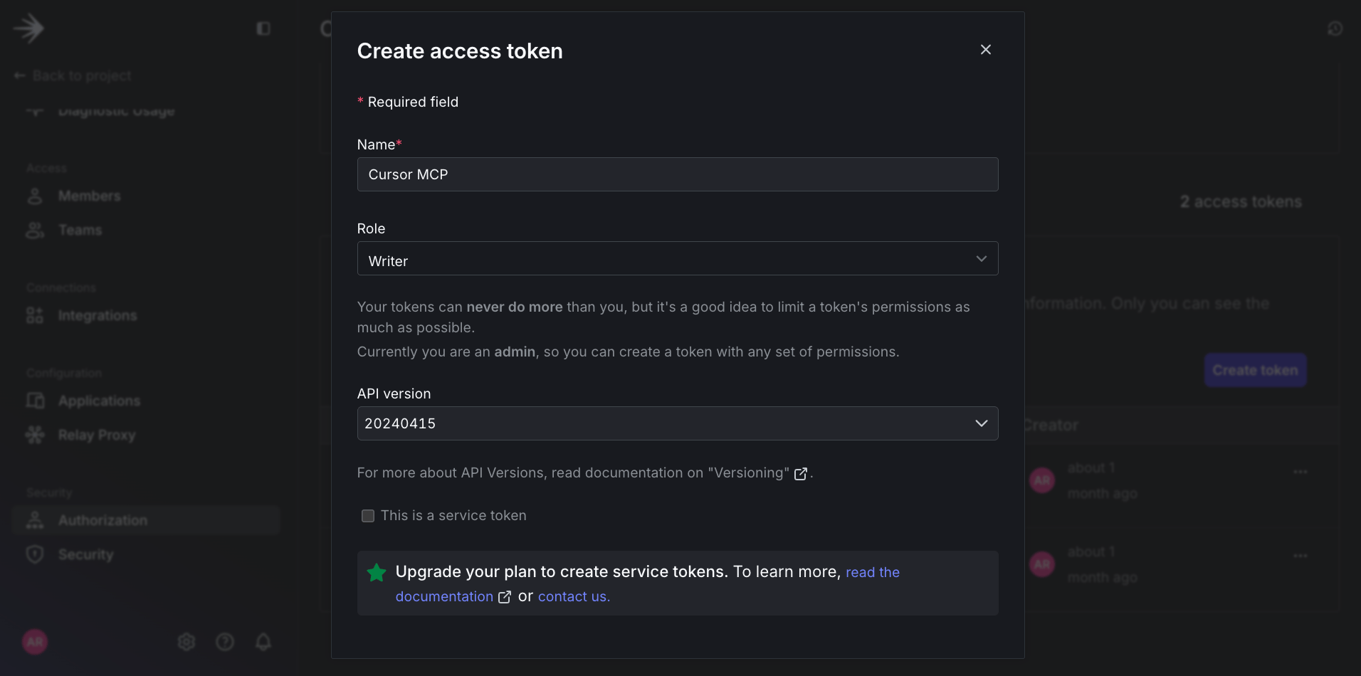 Image of grabbing access token with write access from LaunchDarkly.