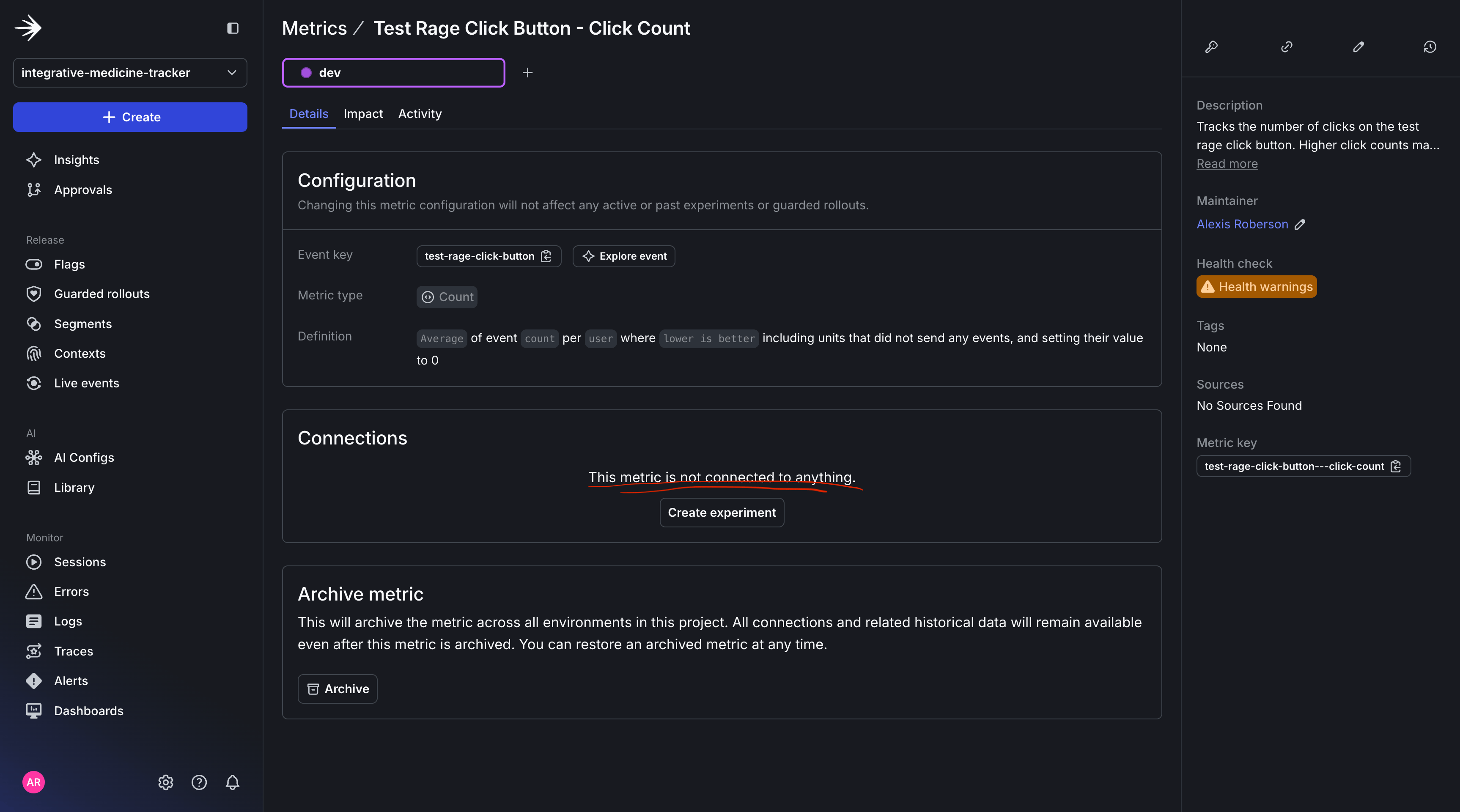Landing page after creating custom metric for Guarded rollout.