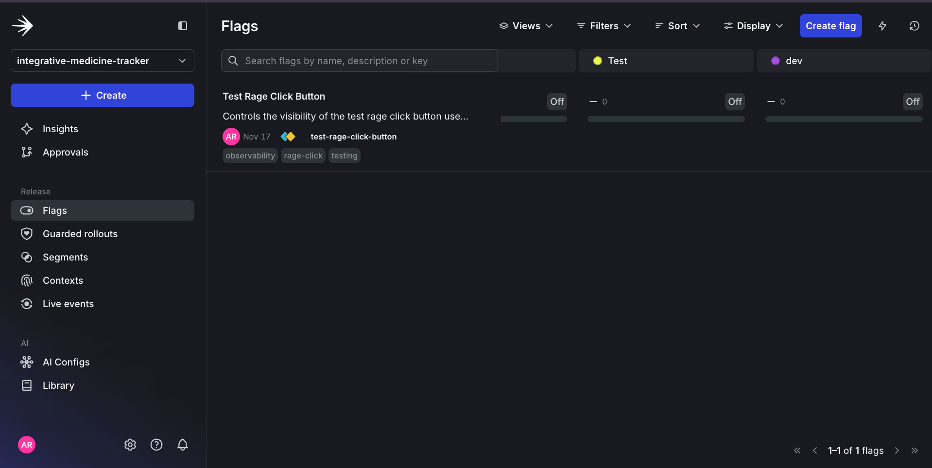 Image of new Target Rage Click Button feature flag in the LaunchDarkly UI.