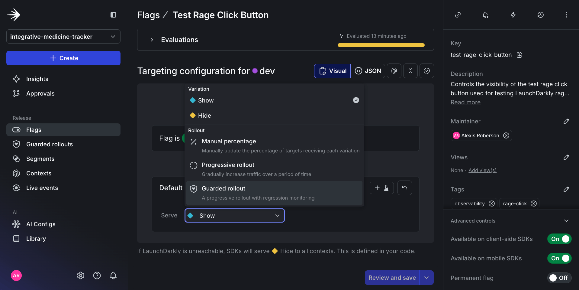 Image of Selecting Guarded rollout as Target Rage Click Button feature flag targeting default rule.