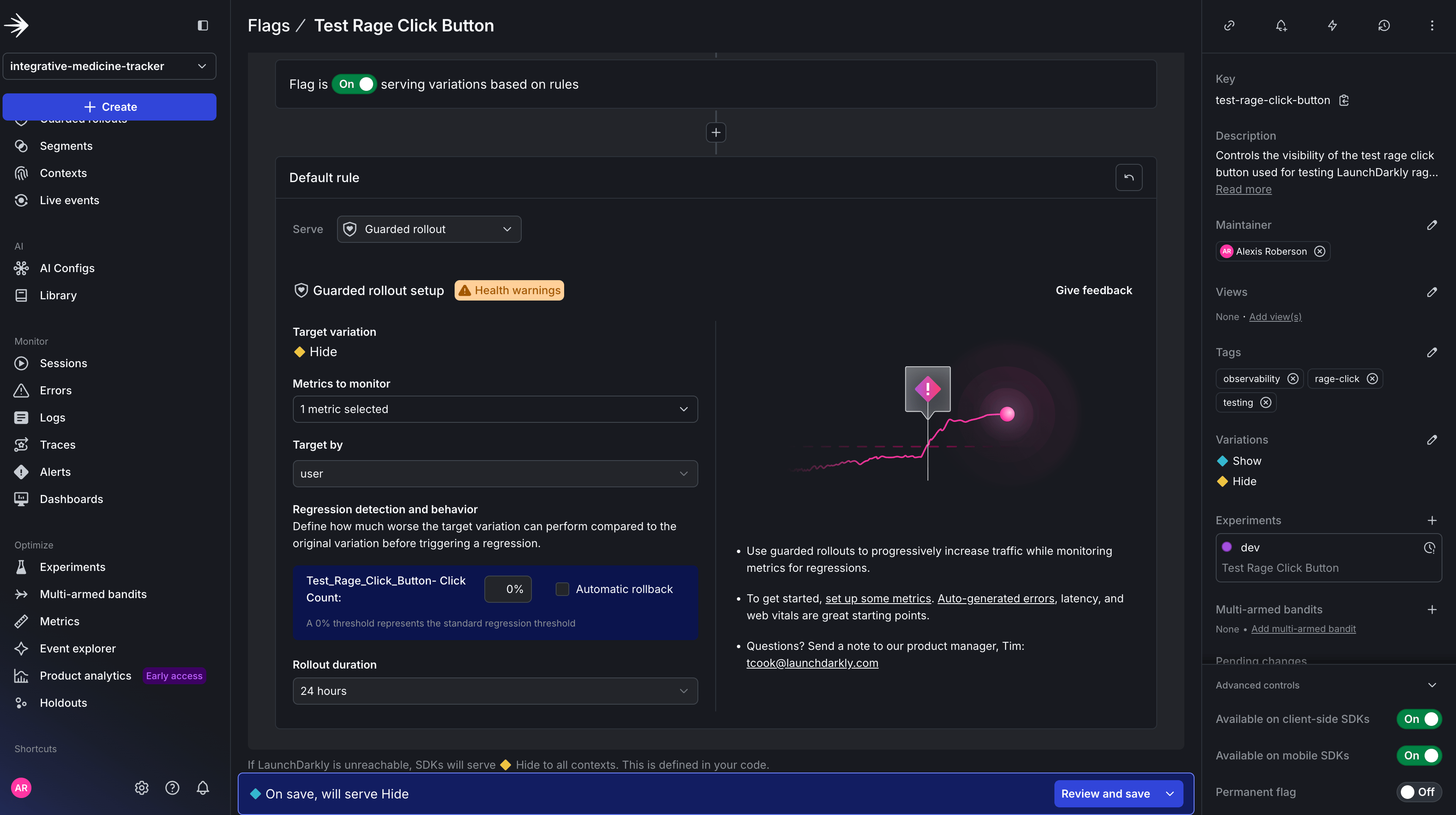 Configure the threshold, duration, and automatic rollback for Guarded rollout.