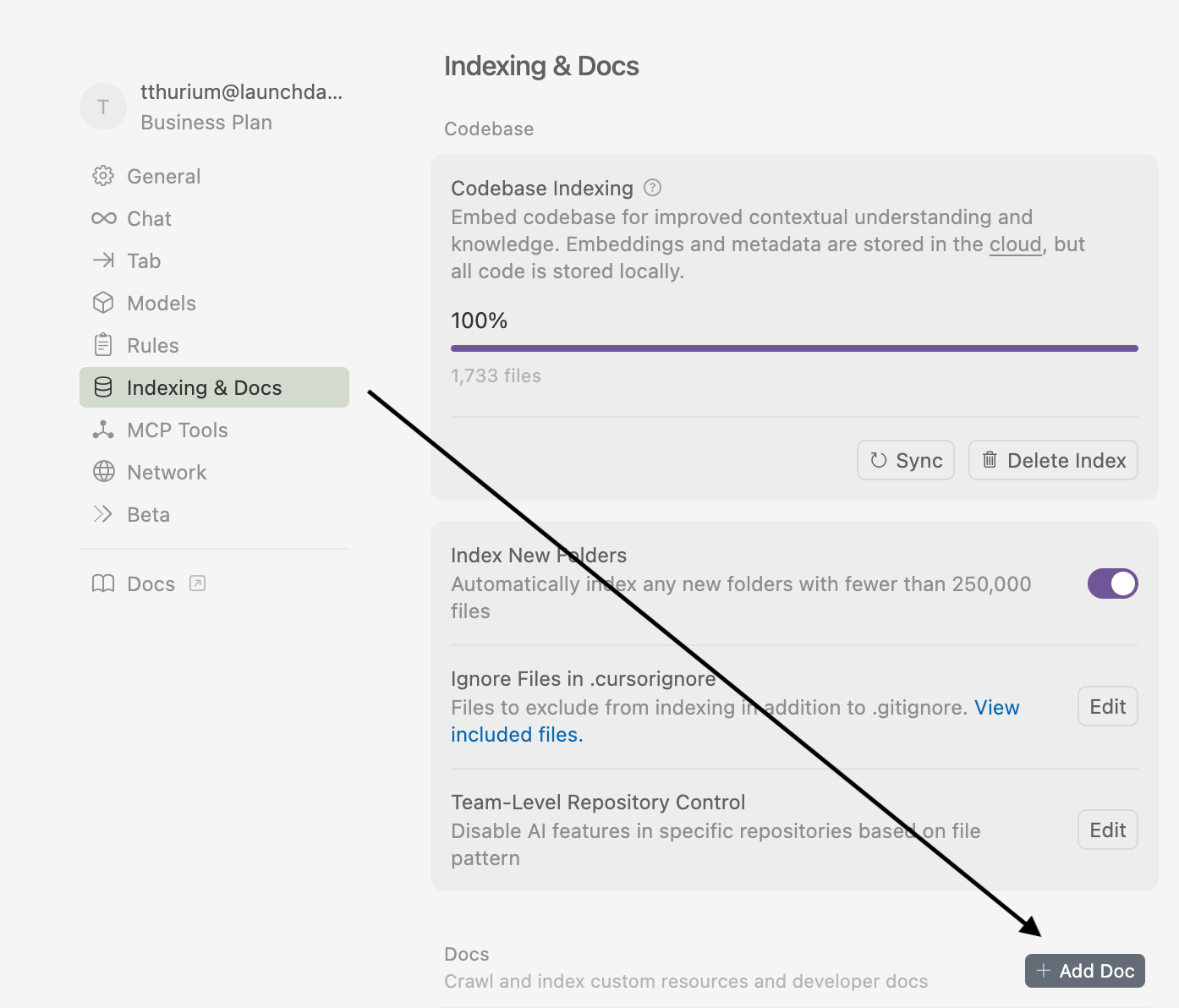 The Add Doc button in the Indexing & Docs section of the Cursor settings page.