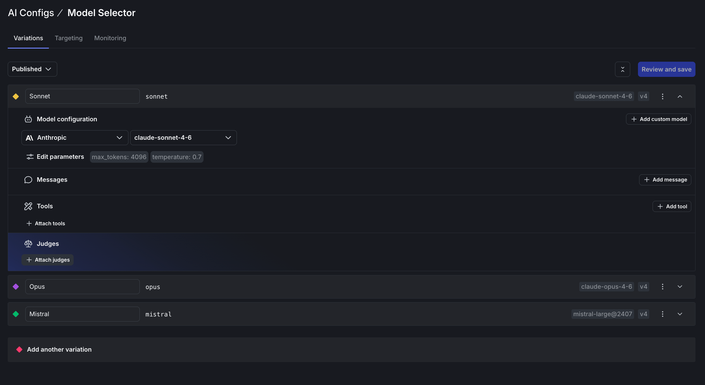 Model Selector variation expanded showing the Judges section with an Attach judges button.