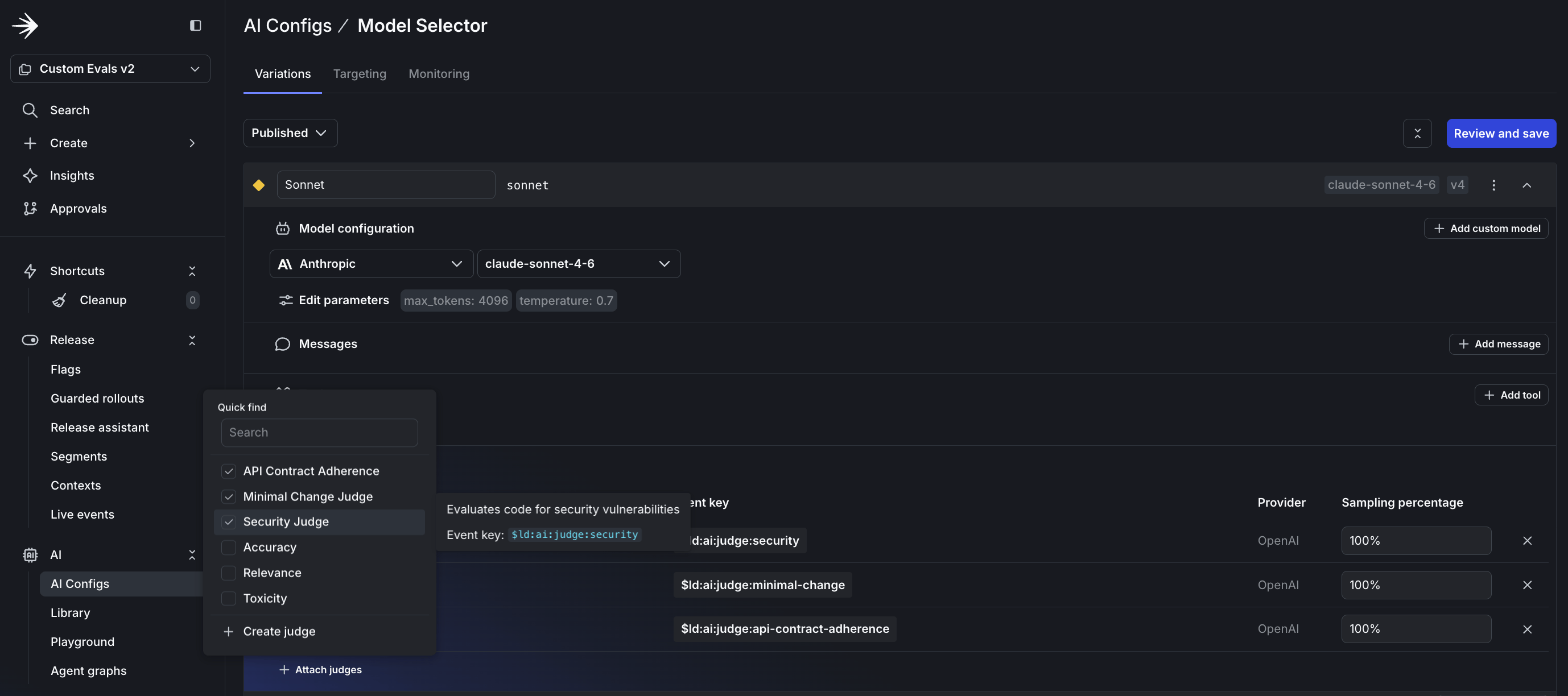 Judge selection dropdown showing available judges with checkboxes, event keys, and sampling percentage fields.