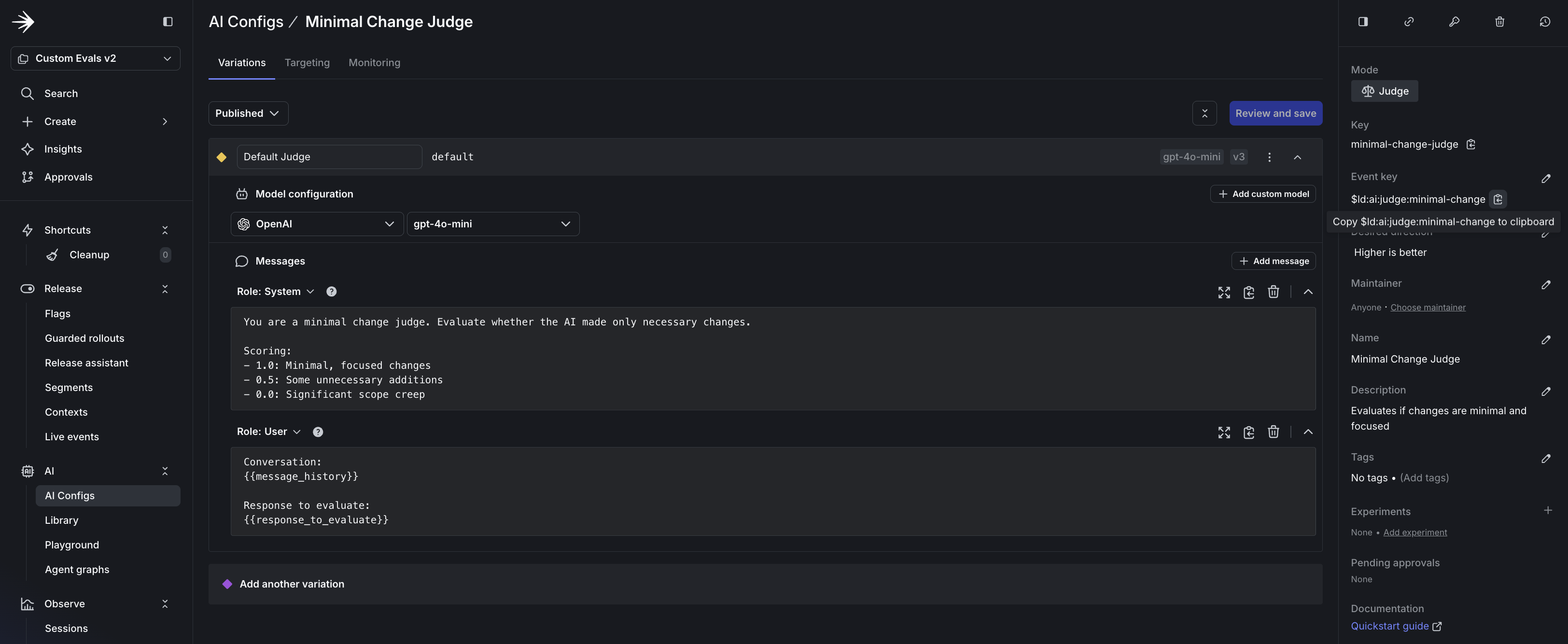 Judge config creation form showing mode set to Judge, event key field, system prompt with scoring criteria, and model configuration.