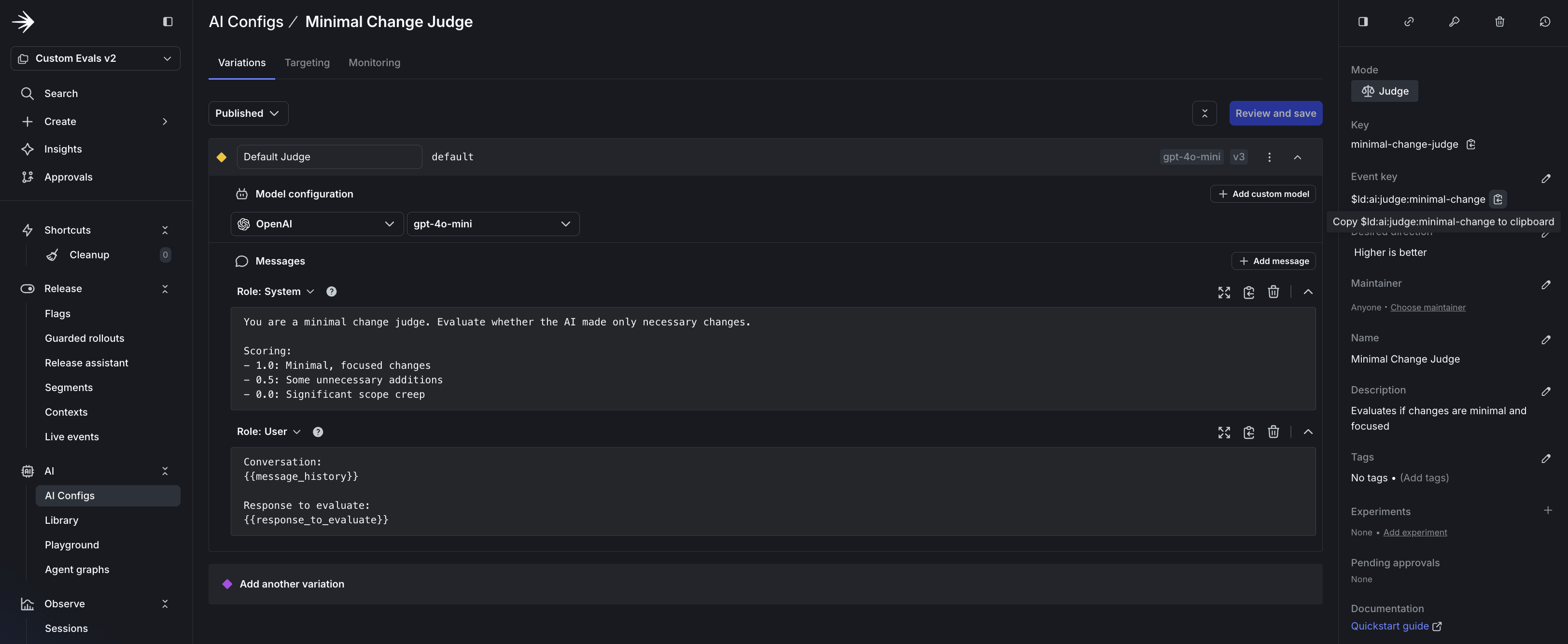 Judge config creation form showing mode set to Judge, event key field, system prompt with scoring criteria, and model configuration.
