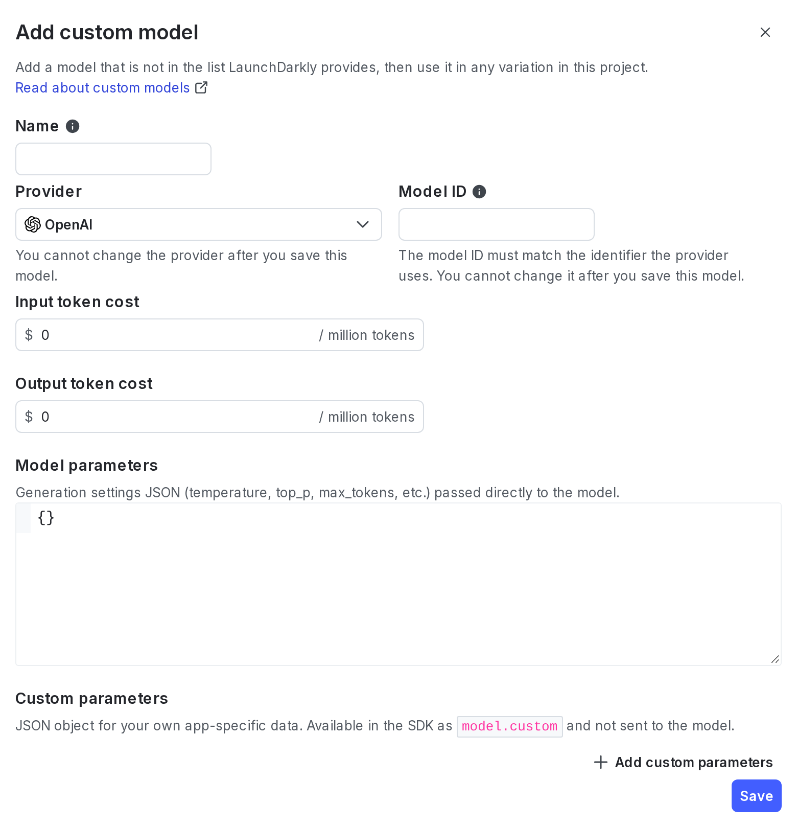 The "Add custom model" dialog.