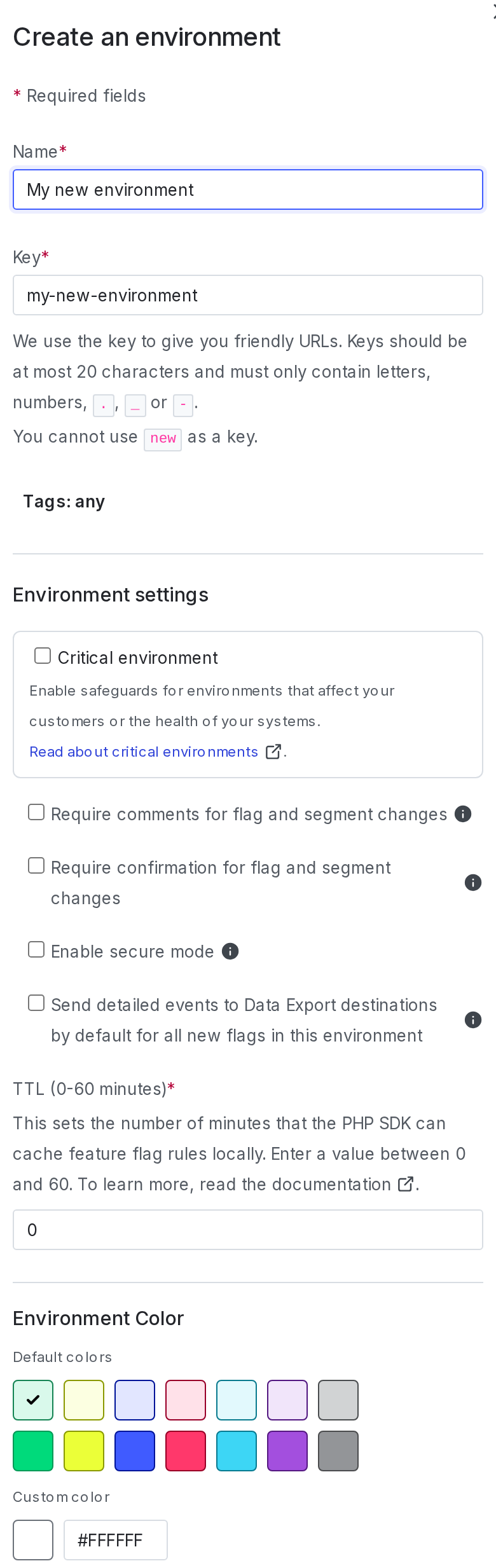 The "Create an environment" panel.