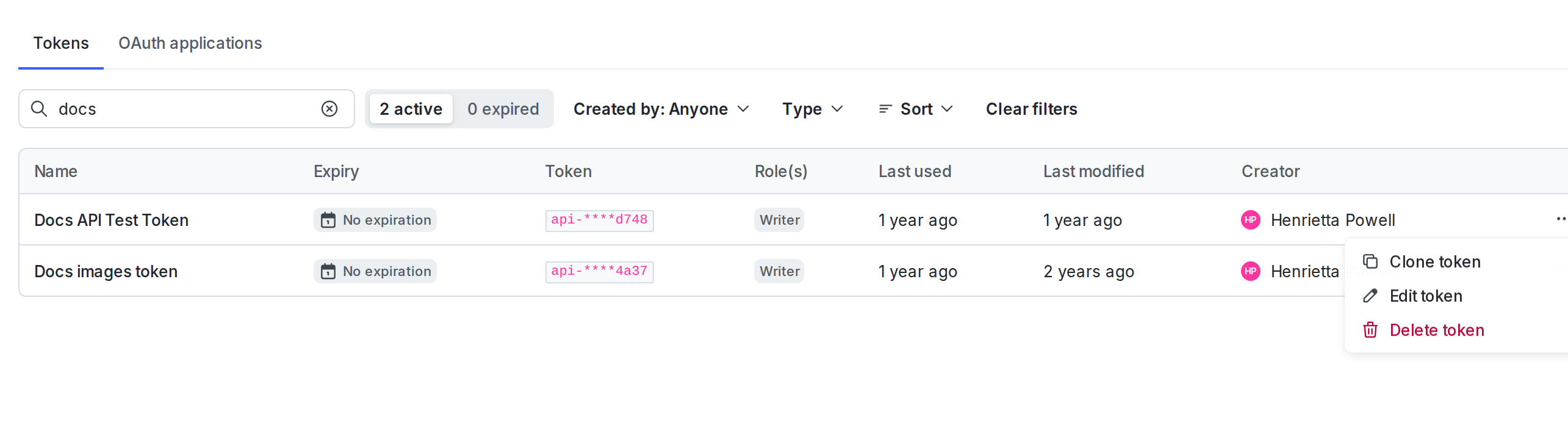A new access token and its overflow menu, including the "Clone token" and "Delete token" options.