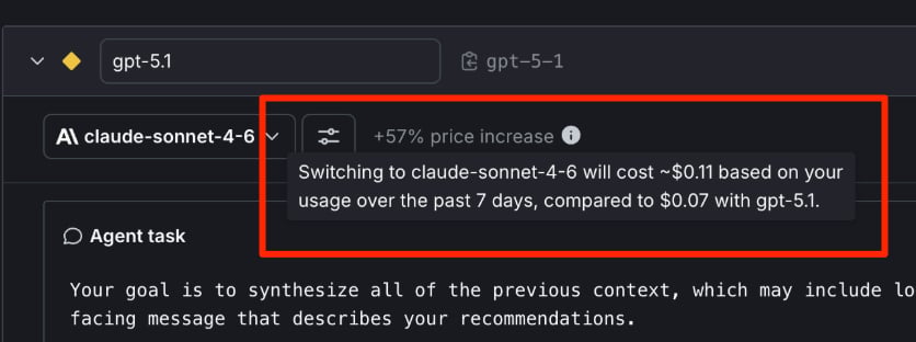 A config variation with the tooltip from the model cost estimator called out.