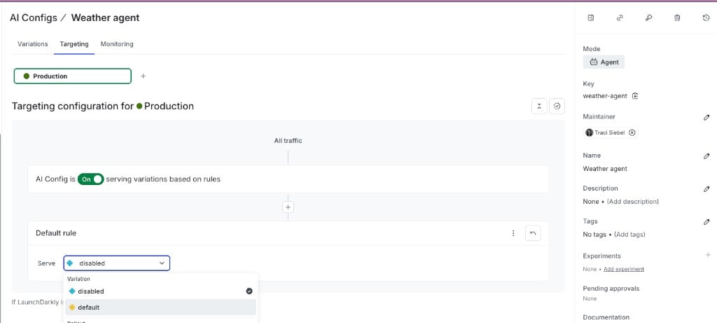 The Targeting tab for an agent-based config, showing the Default rule with the variation dropdown open.
