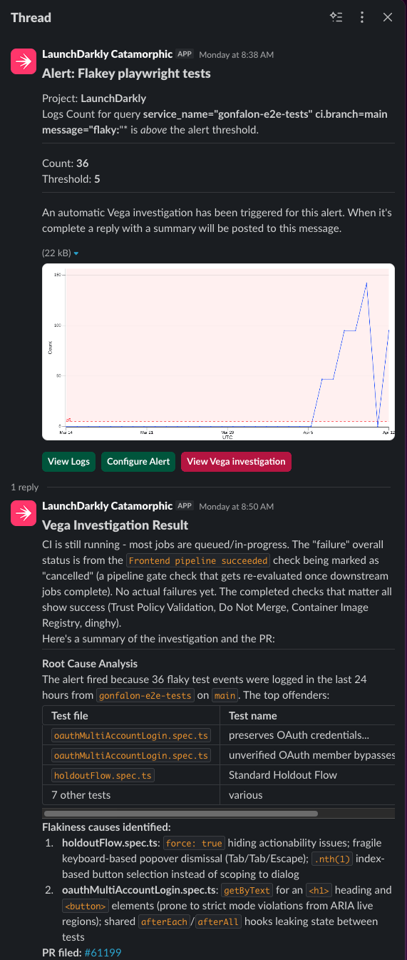 A Slack thread showing a Vega auto-remediation follow-up posted in response to an alert, with root cause analysis and a linked pull request.