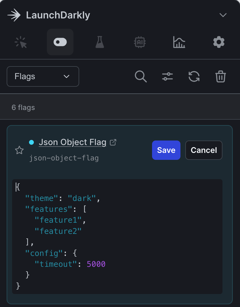 Editing a JSON flag in the developer toolbar.