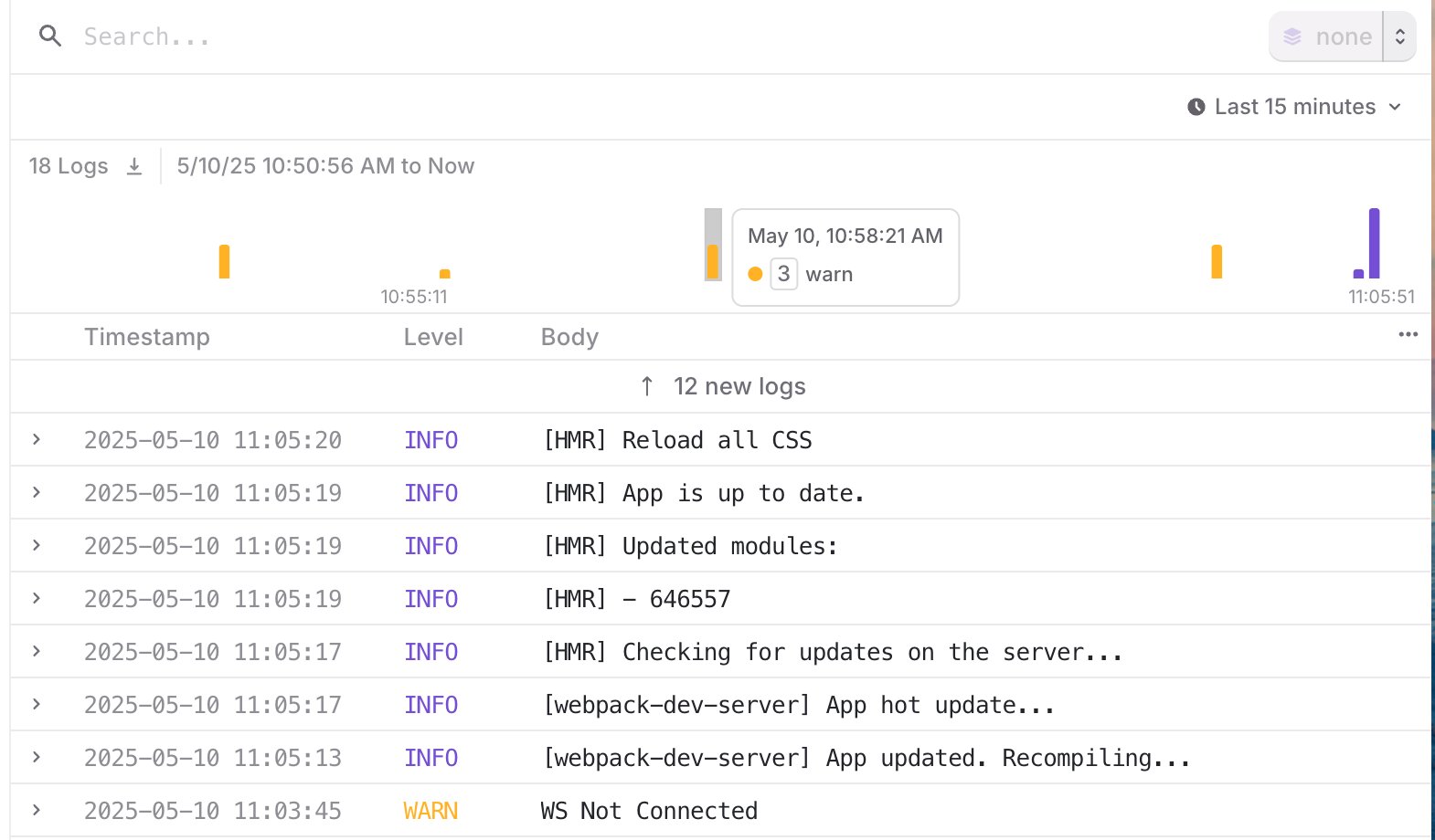 A view of the Logs page, with a specific log highlighted.
